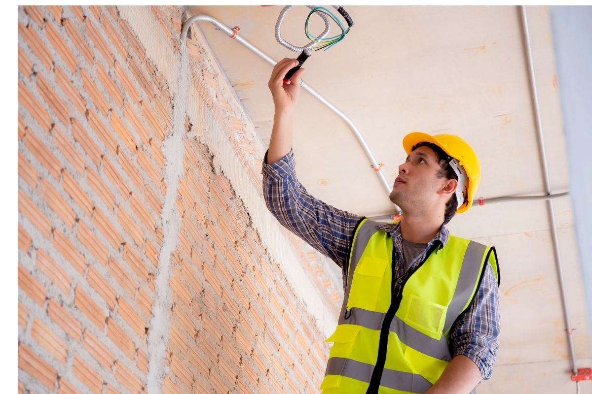 An electrician installing a light fixture.