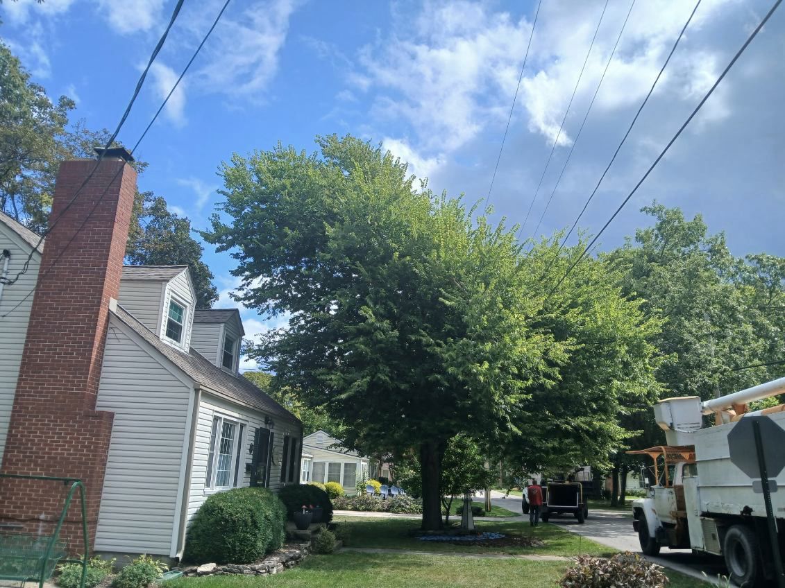 A utility truck is parked on a street near a white house with a brick chimney and a large tree, under a cloudy blue sky.