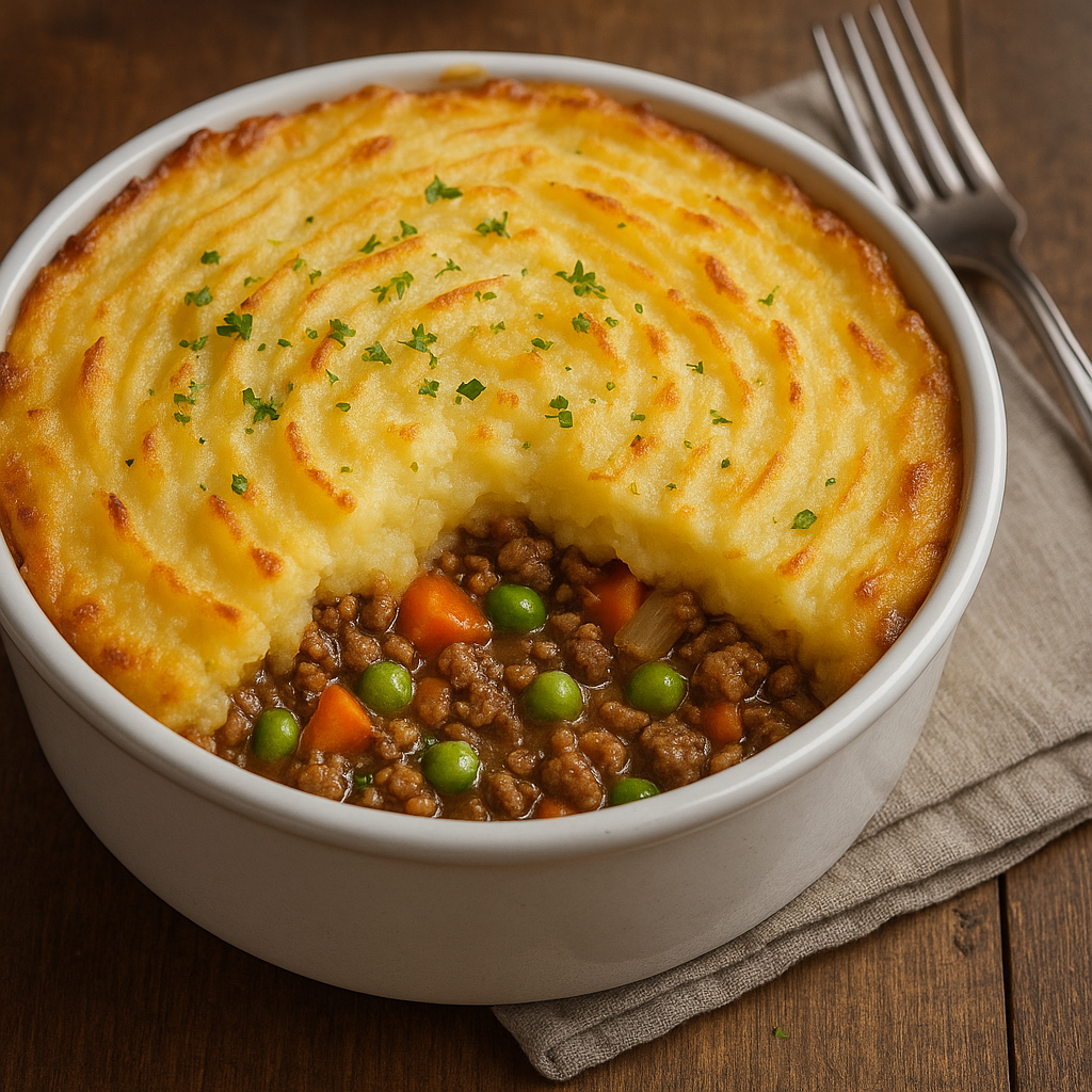 A bowl of shepherd 's pie with a slice taken out of it