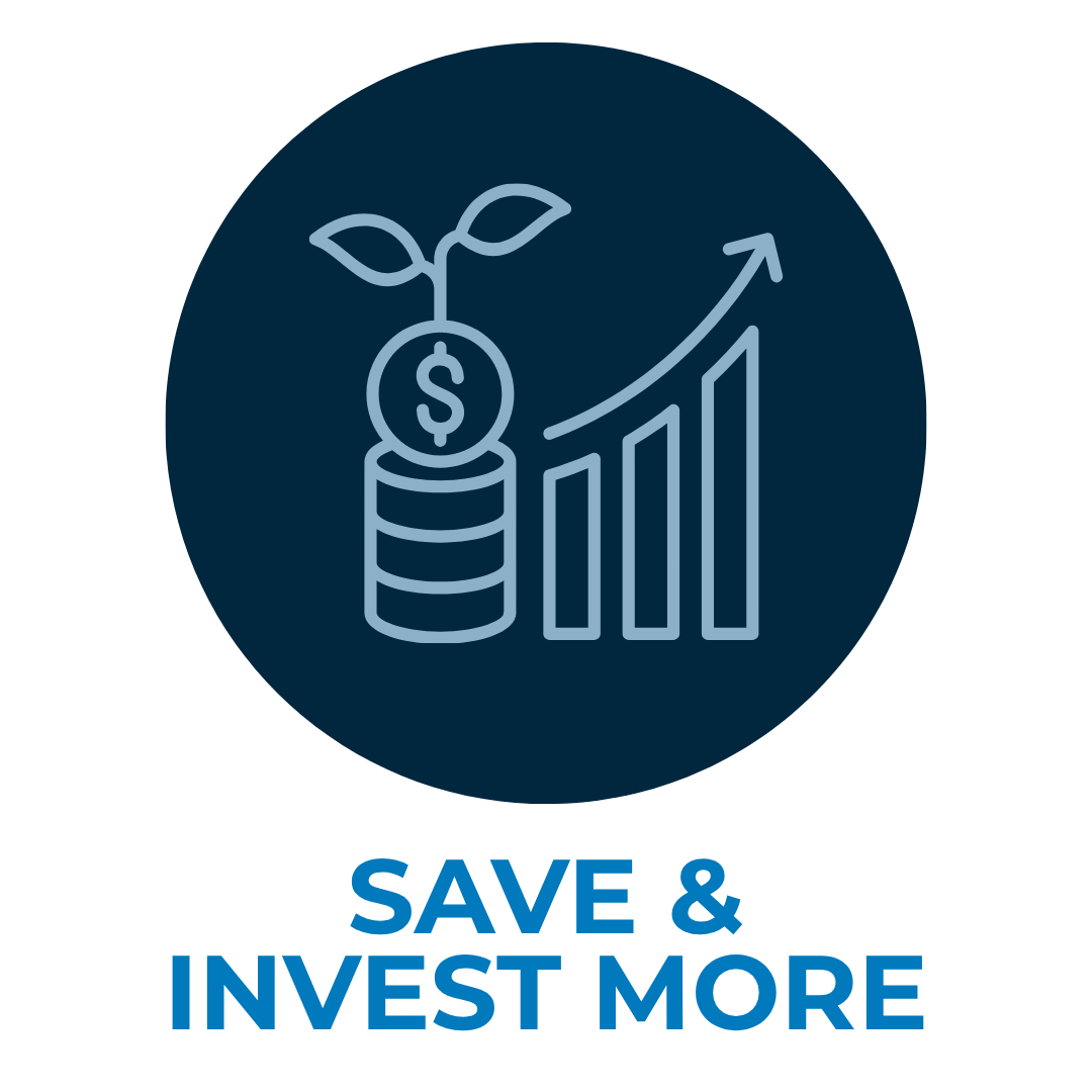 Blue icon of plant growing from coin stack beside rising bar chart, with “SAVE & INVEST MORE” text.