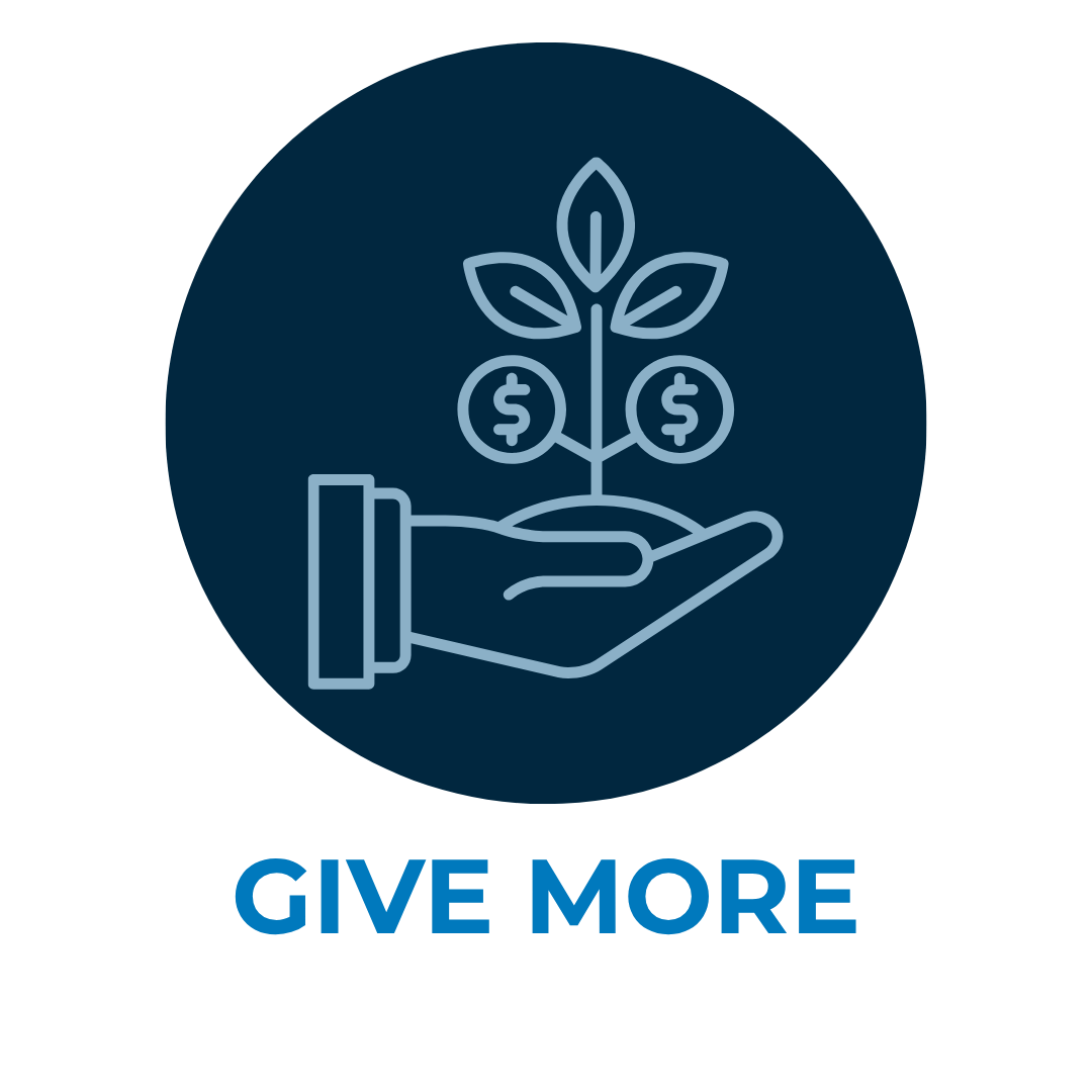 Blue donation icon with hand holding a plant growing coin leaves above the words “GIVE MORE”