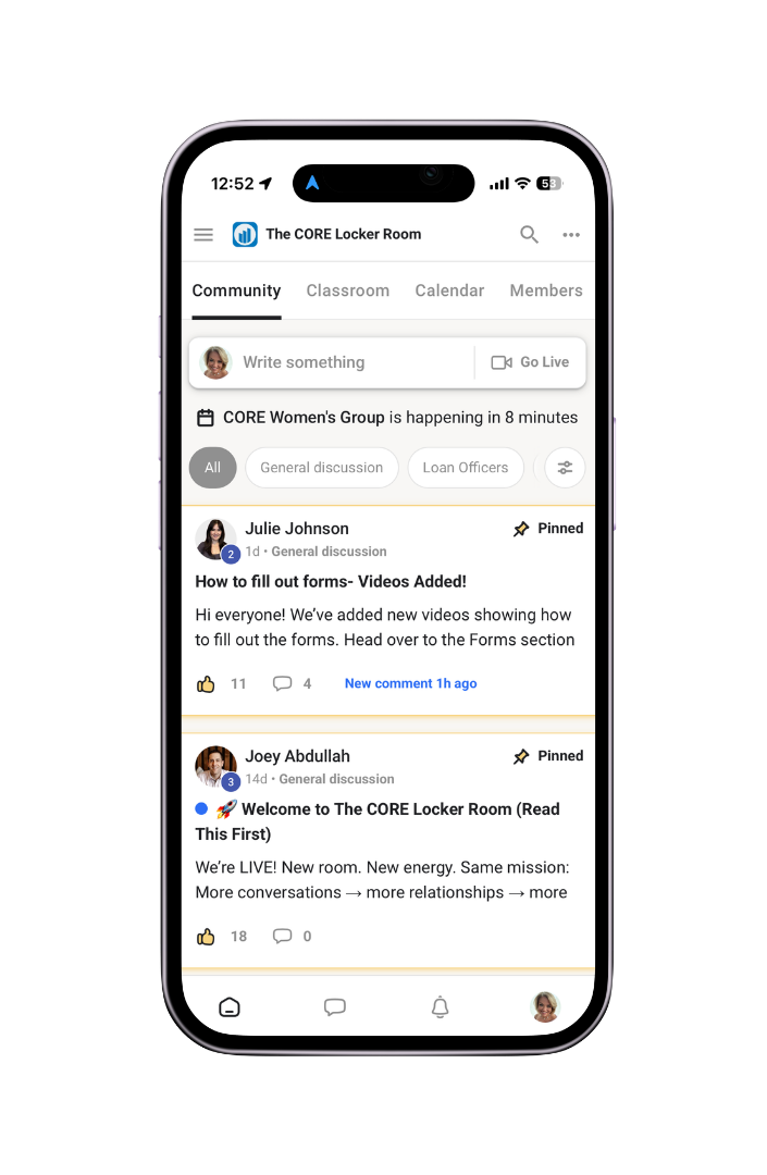 Mobile social feed screen with several posts and profile icons on a white background