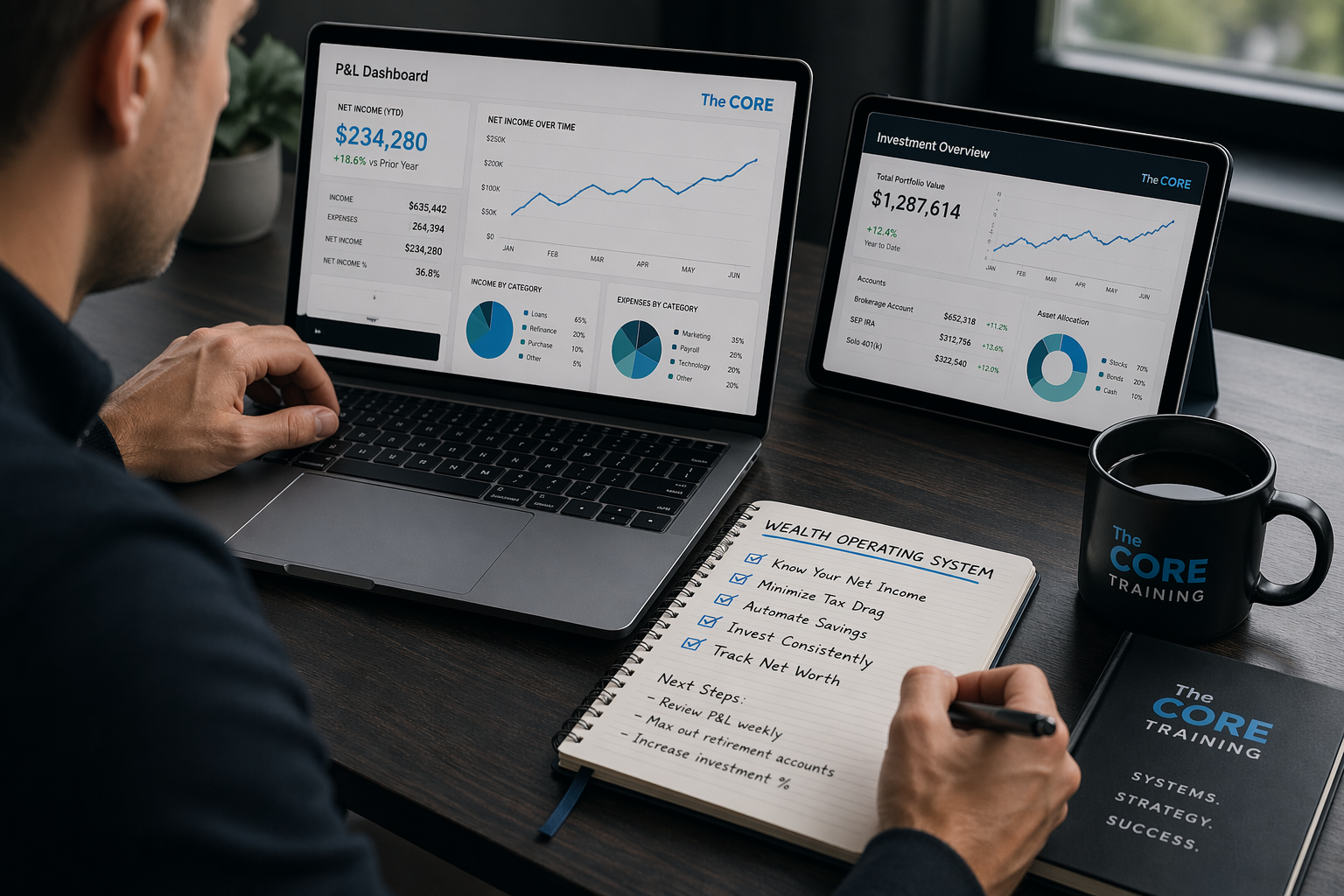 Person reviewing analytics on laptop, tablet, and phone at a desk with a coffee mug.