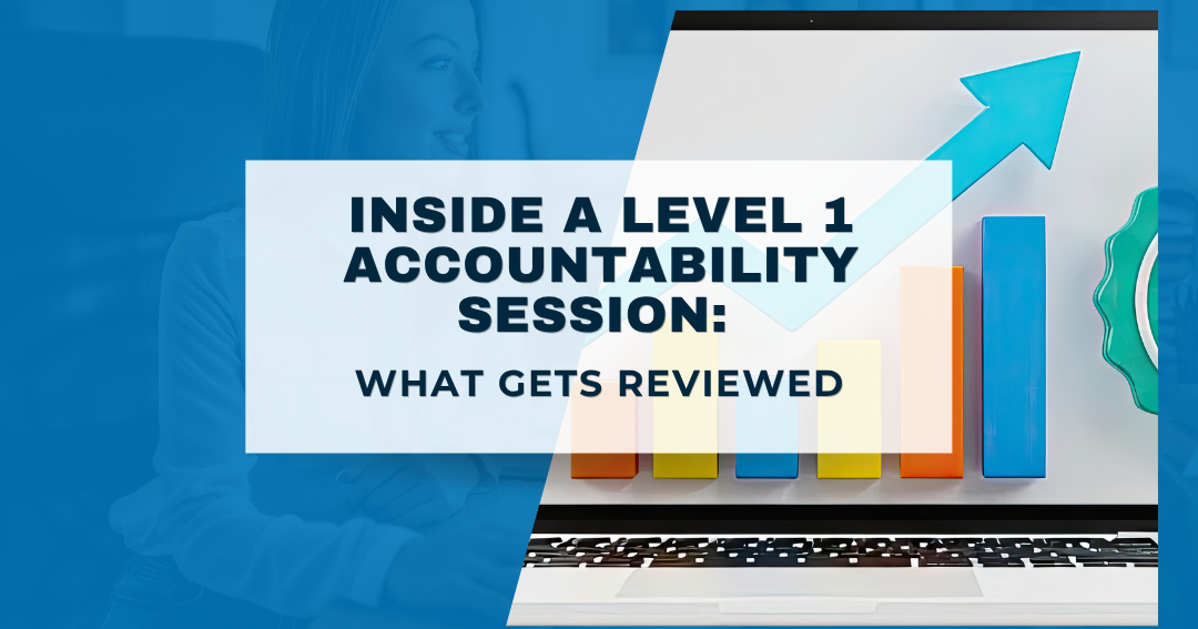 Inside a Level 1 Accountability Session at The CORE — laptop screen with rising bar chart and upward growth arrow