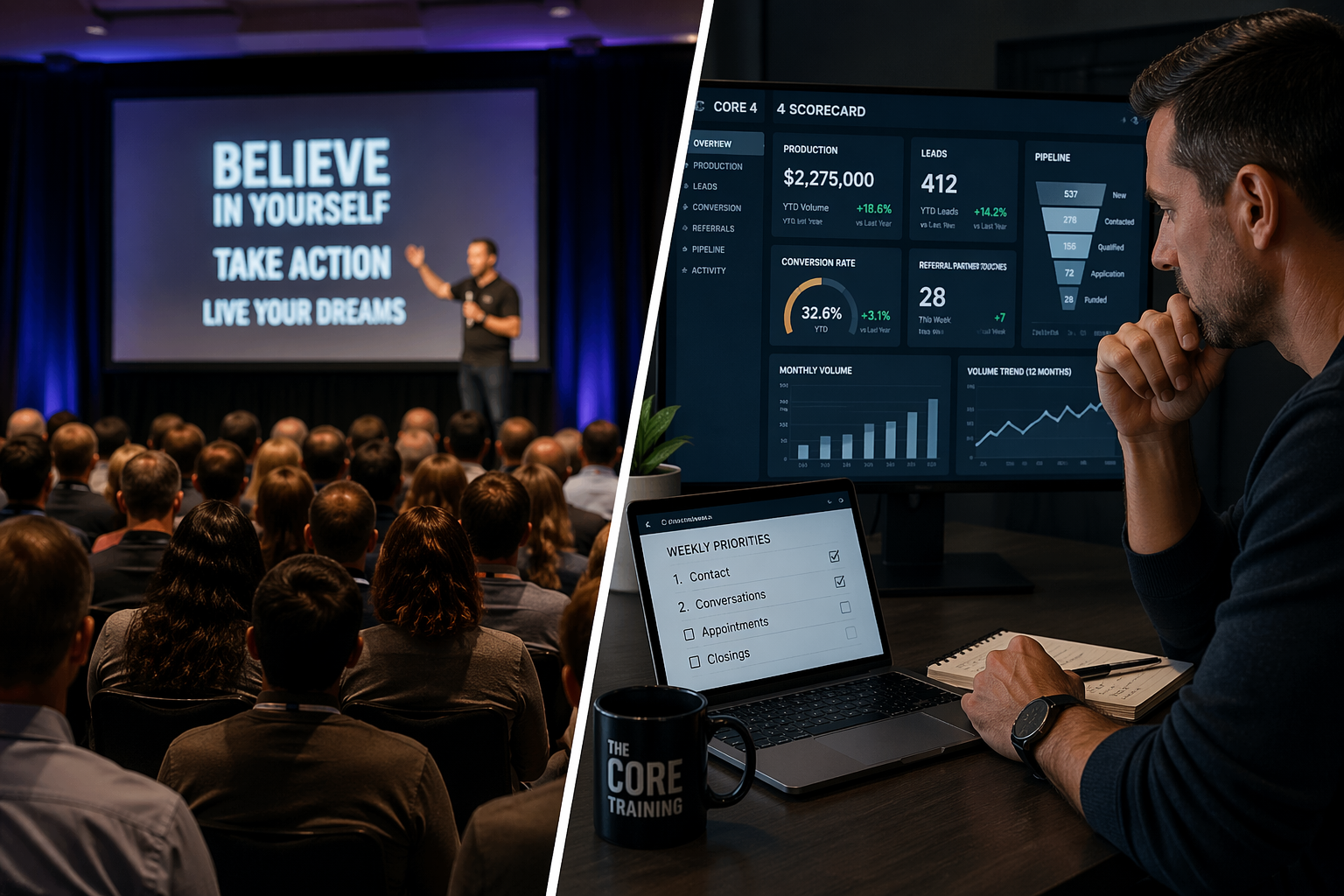 Split scene: motivational speaker on stage and man analyzing charts on a laptop in a dark office