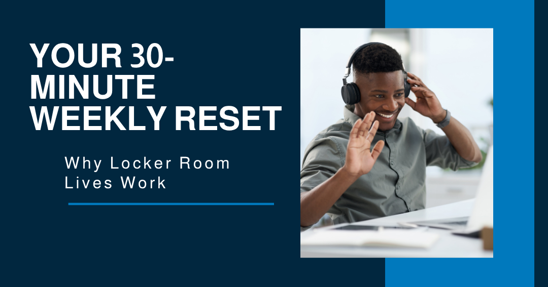 Man wearing headset waving during a live video call for The CORE's 30-minute weekly reset