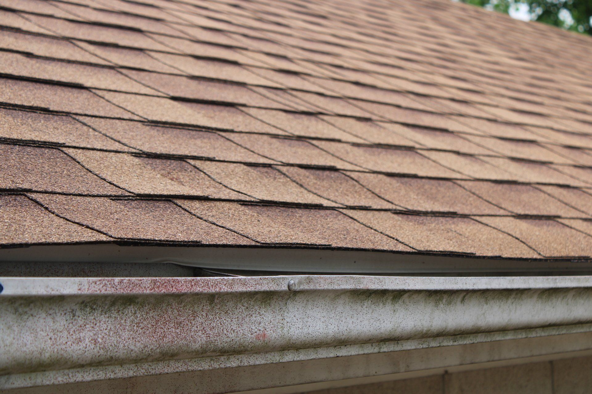 A close up of a roof with a gutter on it