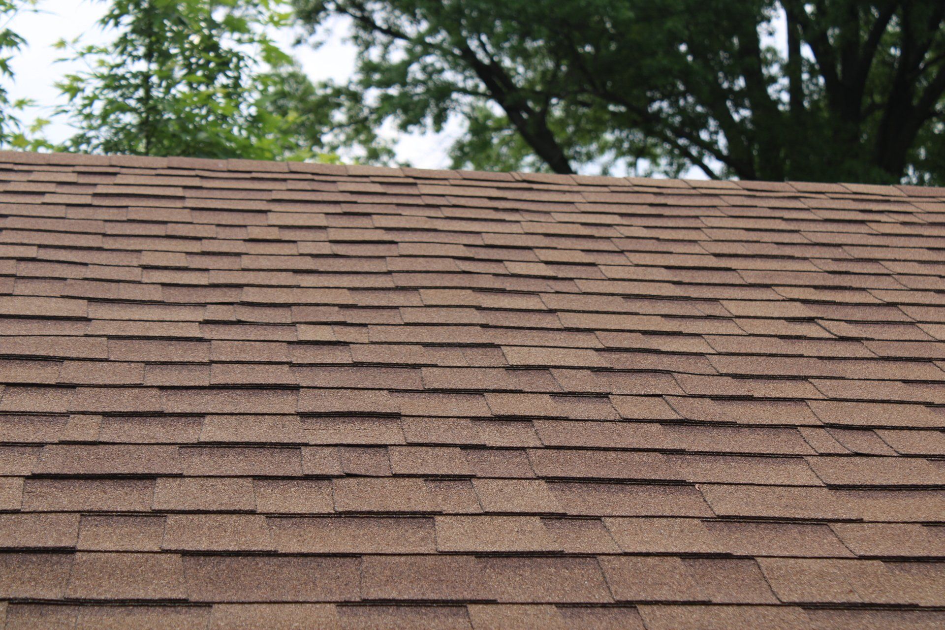 A close up of a brown roof with trees in the background