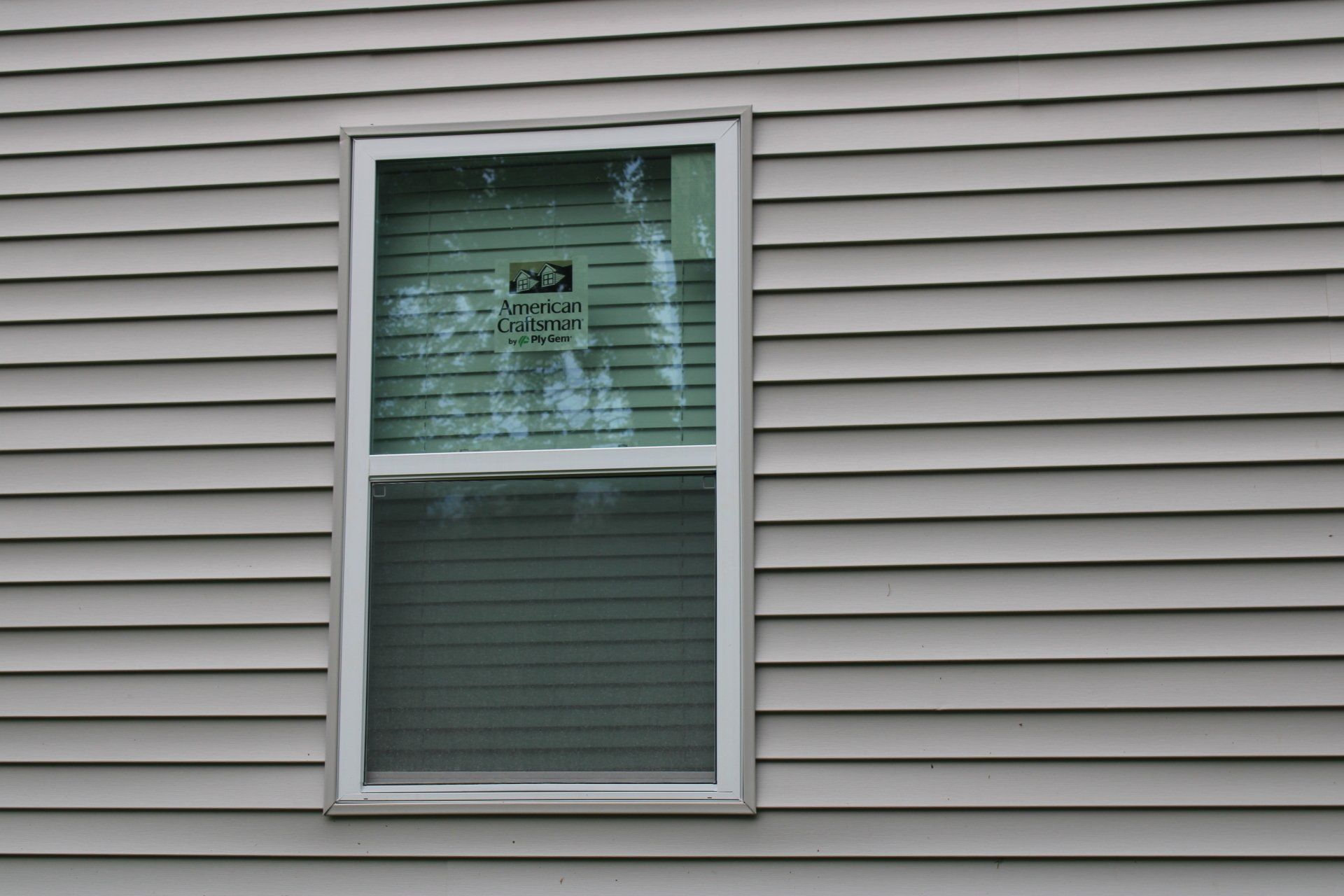 A window on the side of a house with a gray siding.