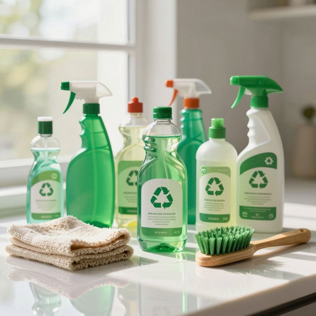 Various green cleaning products with recycling symbol on a countertop with a washcloth and brush.