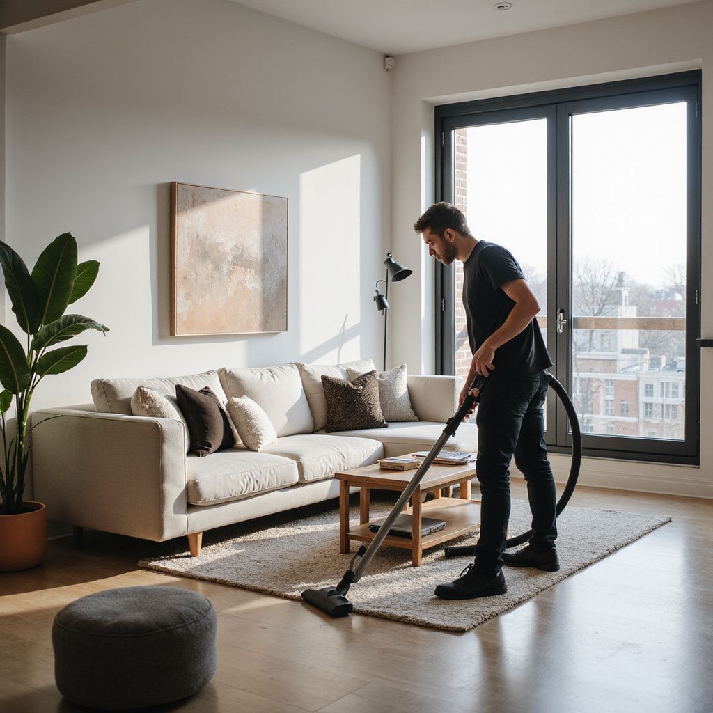 Man vacuuming a rug in a modern living room with a couch, artwork, and large window.