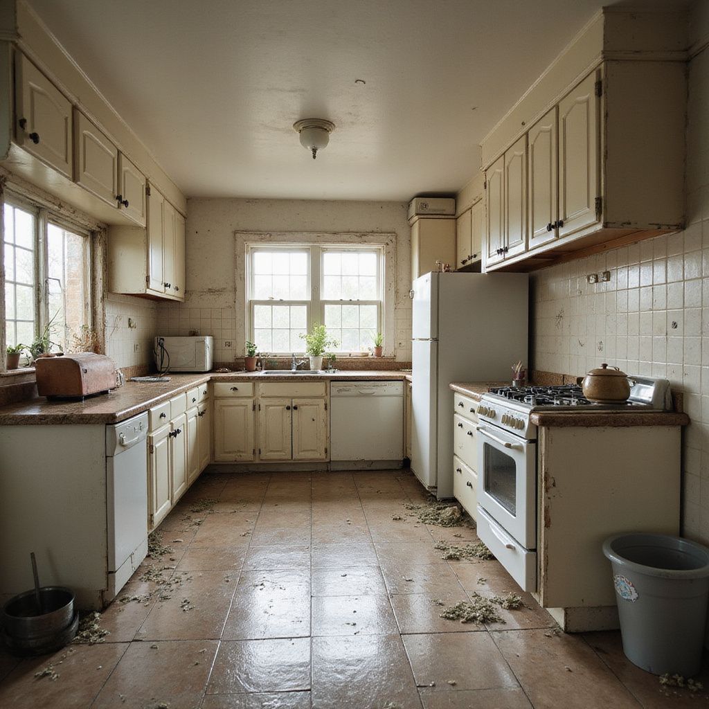 Old kitchen with off-white cabinets, stained tiles, and debris on the floor, under fluorescent light.