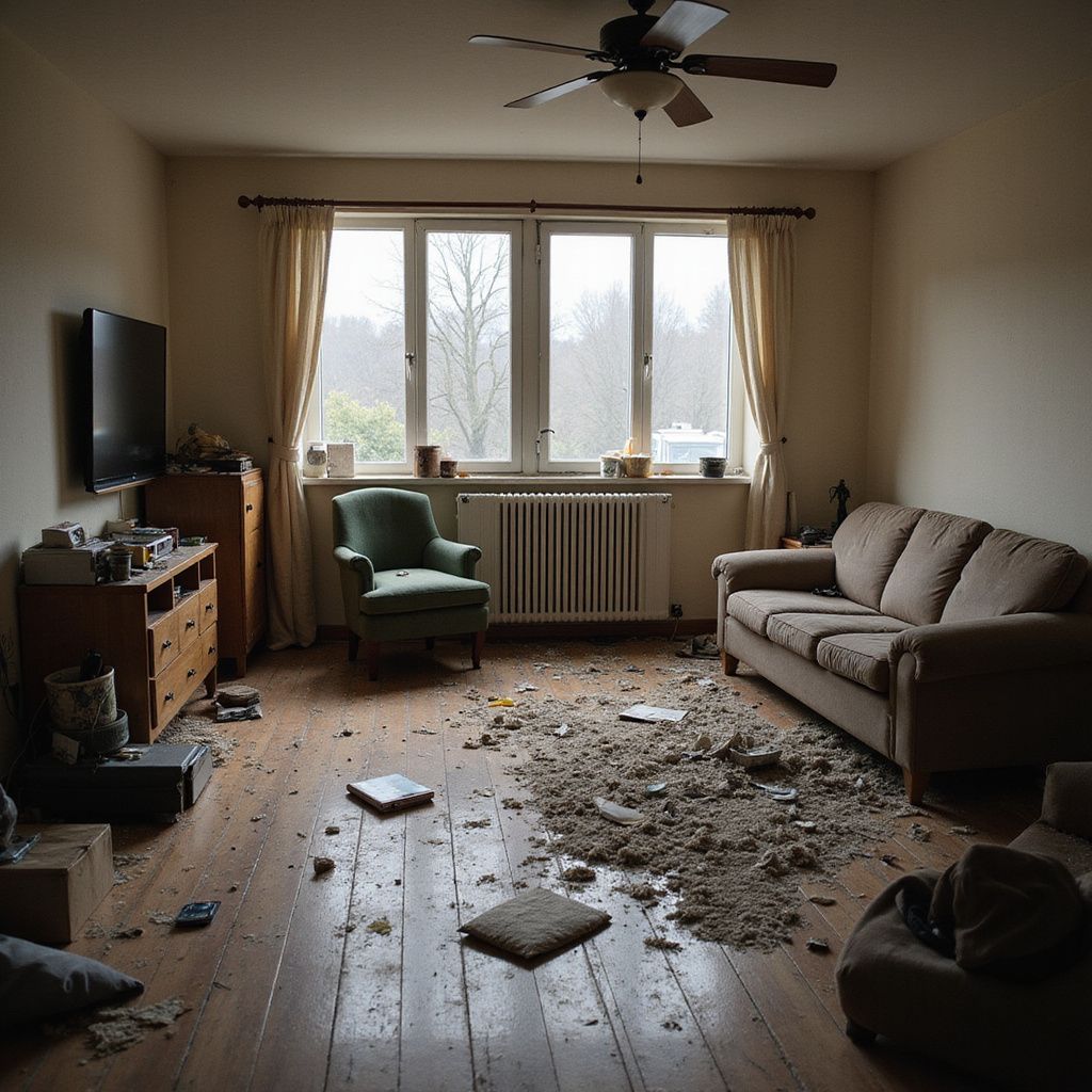 Interior room with debris on the floor, windows with curtains, sofa, chair, TV, and dresser.