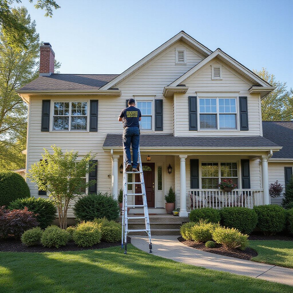 Person on ladder cleaning windows of a two-story beige house with black shutters; sunny day.