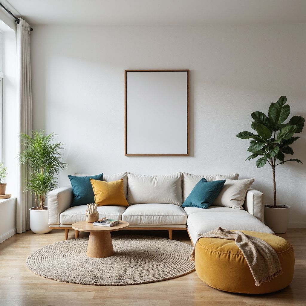 Cozy living room with a cream-colored sectional sofa, wooden frame art, potted plants, and a yellow ottoman.