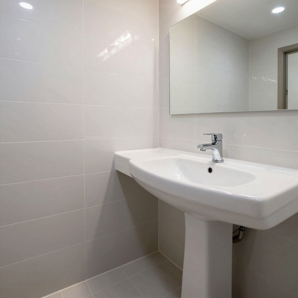 White pedestal sink in a minimalist, tiled bathroom with mirror and chrome faucet.
