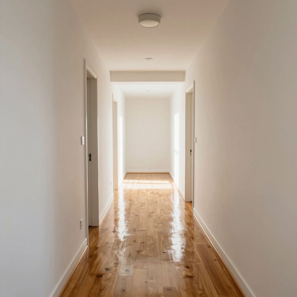 Narrow hallway with glossy wooden floor, white walls, and doors. Ceiling light.