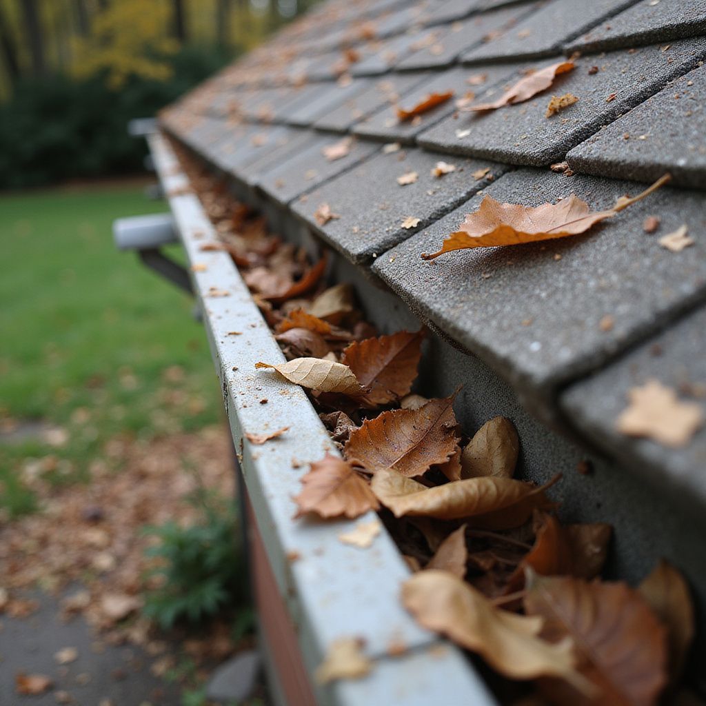 Gutter filled with brown leaves, alongside a gray shingled roof, set against a blurred green lawn.
