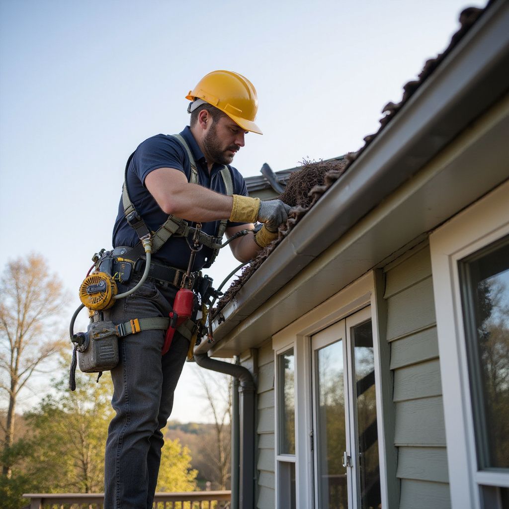 Man in safety harness cleans leaves from a gutter on a house.