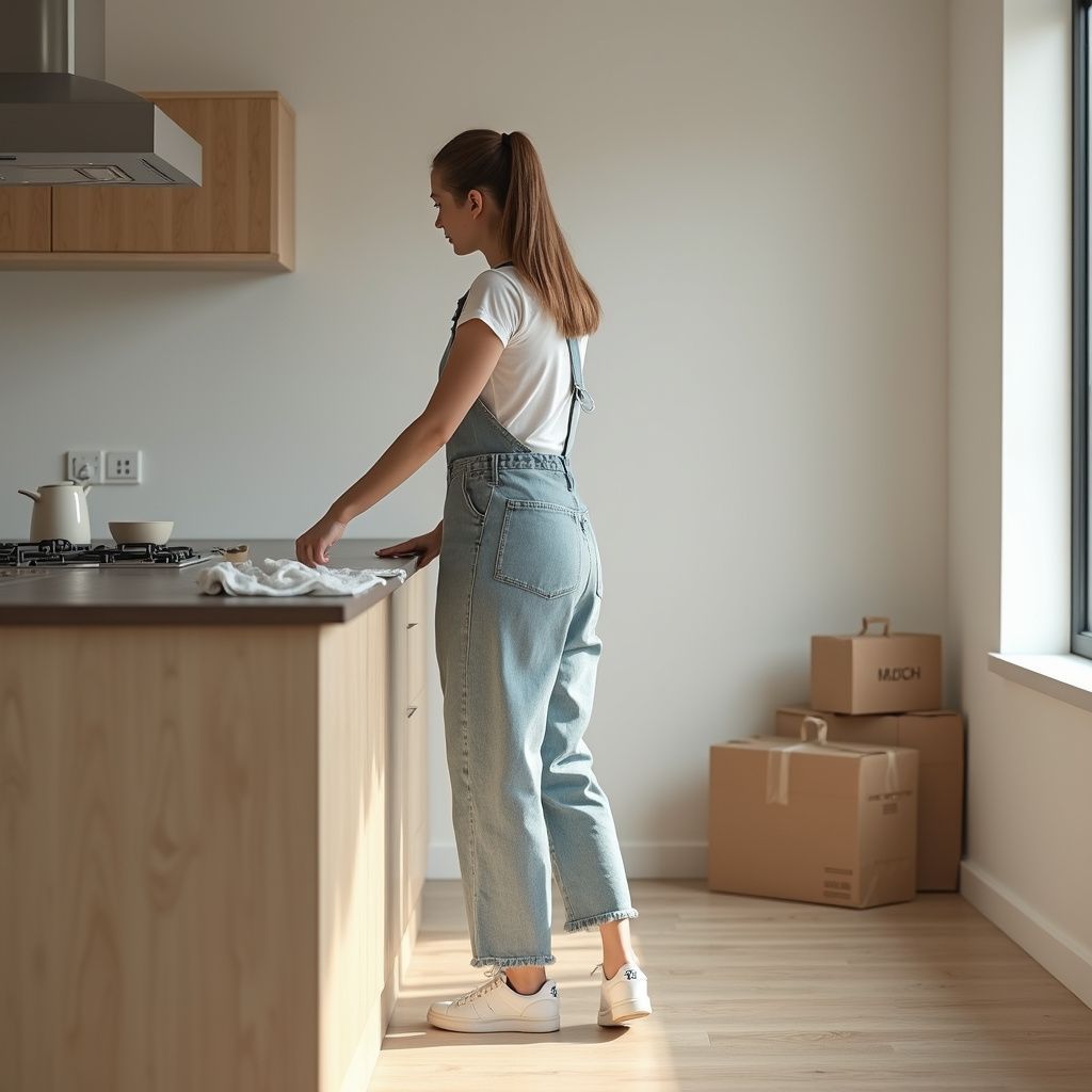 Woman in overalls wiping countertop in a kitchen; moving boxes visible.