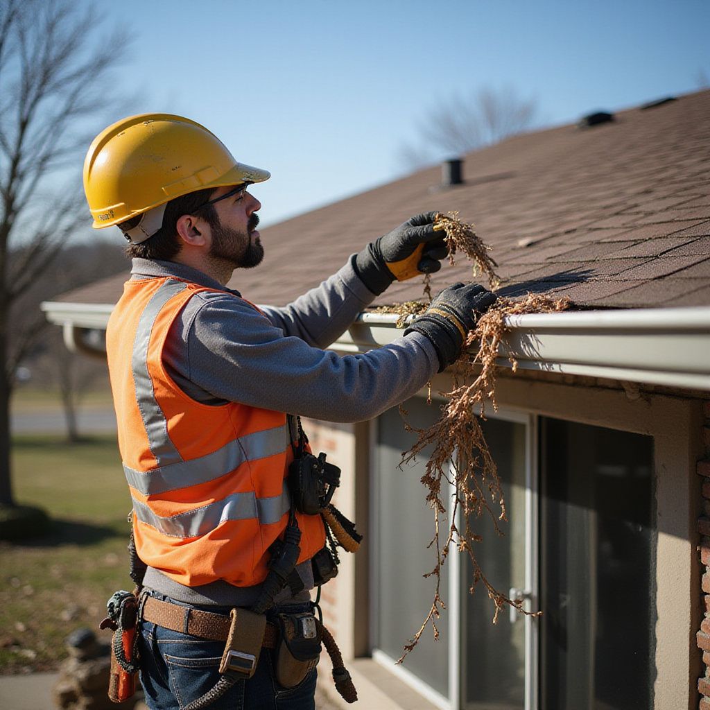 Man in hard hat and safety vest cleaning leaves from a roof gutter.