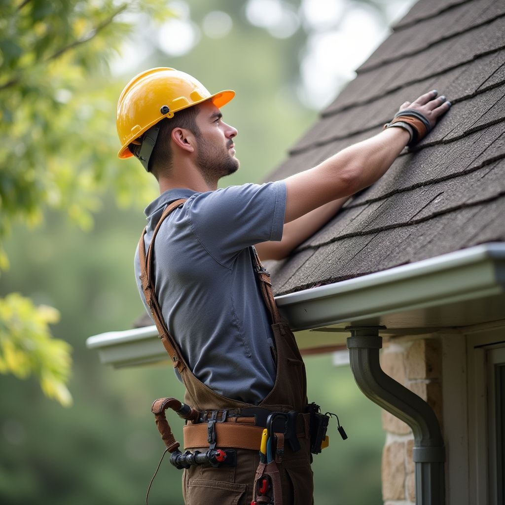 Man in hard hat and work overalls, inspecting a roof with his hand, outdoors.
