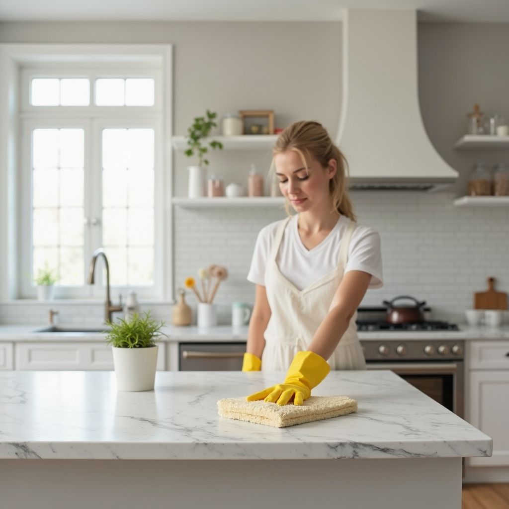 Woman wearing yellow gloves cleaning a white countertop in a modern kitchen.