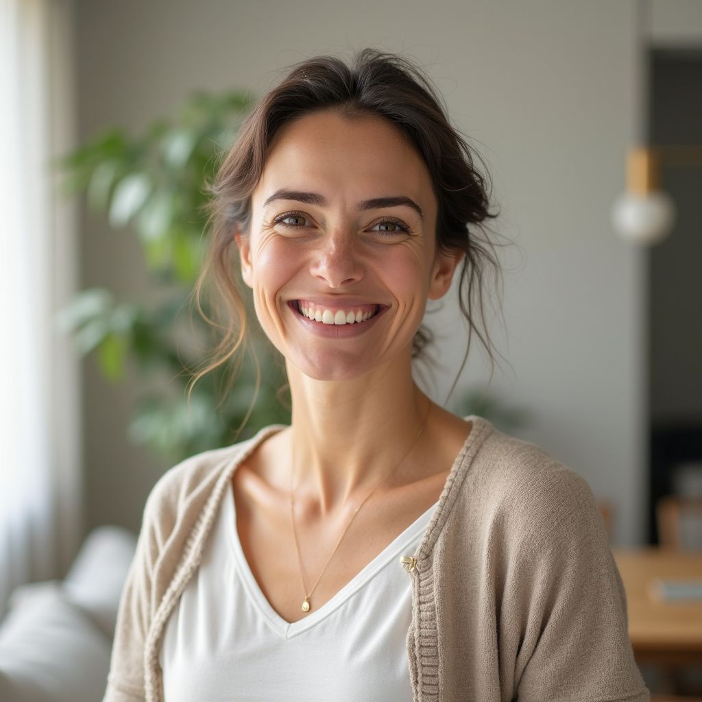 Woman smiling, wearing a white shirt and tan cardigan indoors.
