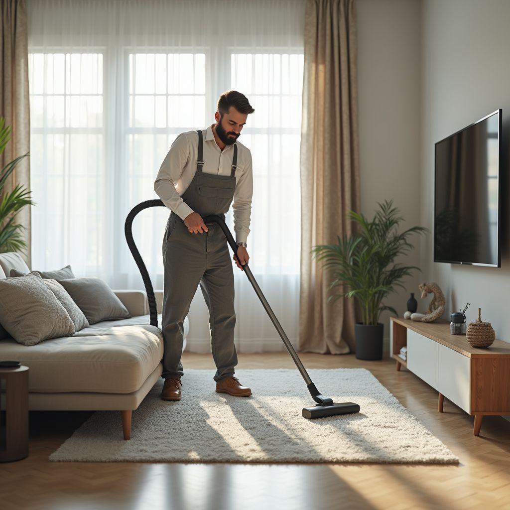 Person in overalls vacuums a rug in a living room with a couch, TV, and plants.