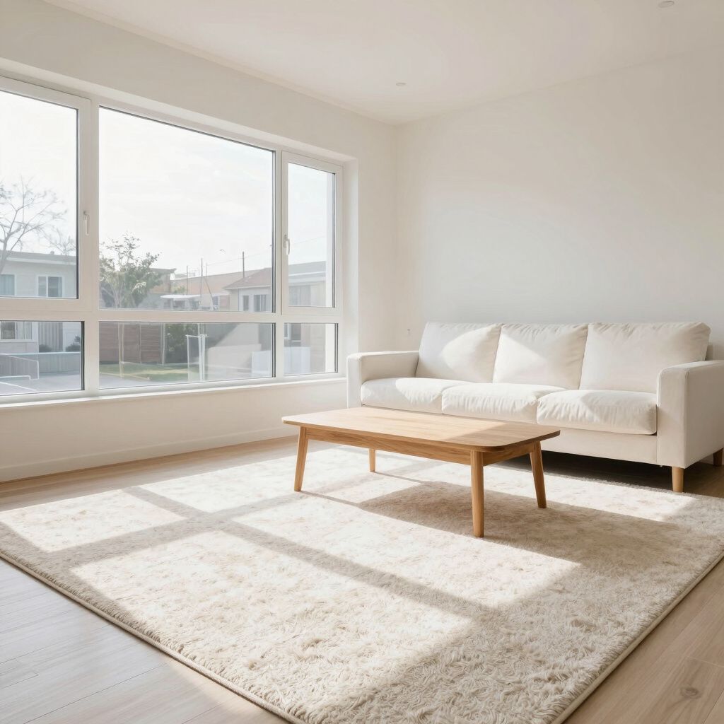 A bright living room with a white couch, wooden coffee table, and large window overlooking a neighborhood.