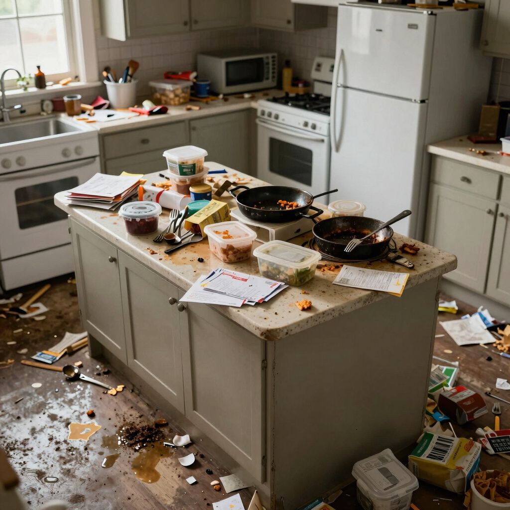 Messy kitchen with food containers, papers, and spills covering countertops and floor.