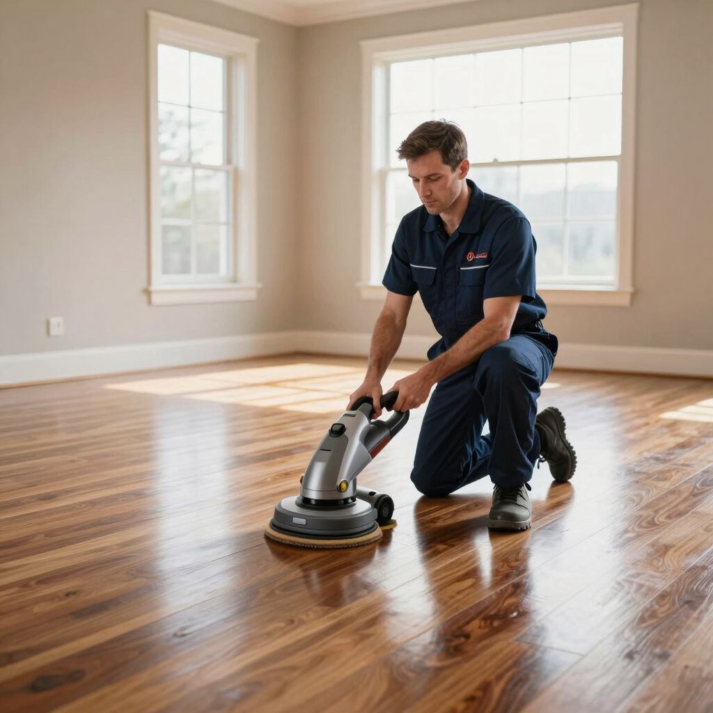 Man using floor polishing machine on a hardwood floor in a room with two windows.