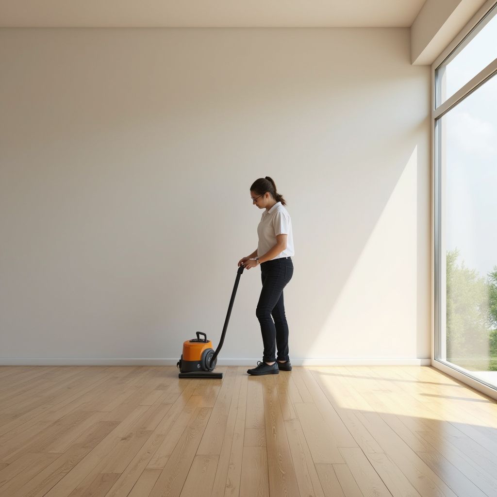 Woman vacuuming wooden floor in a room with large window.