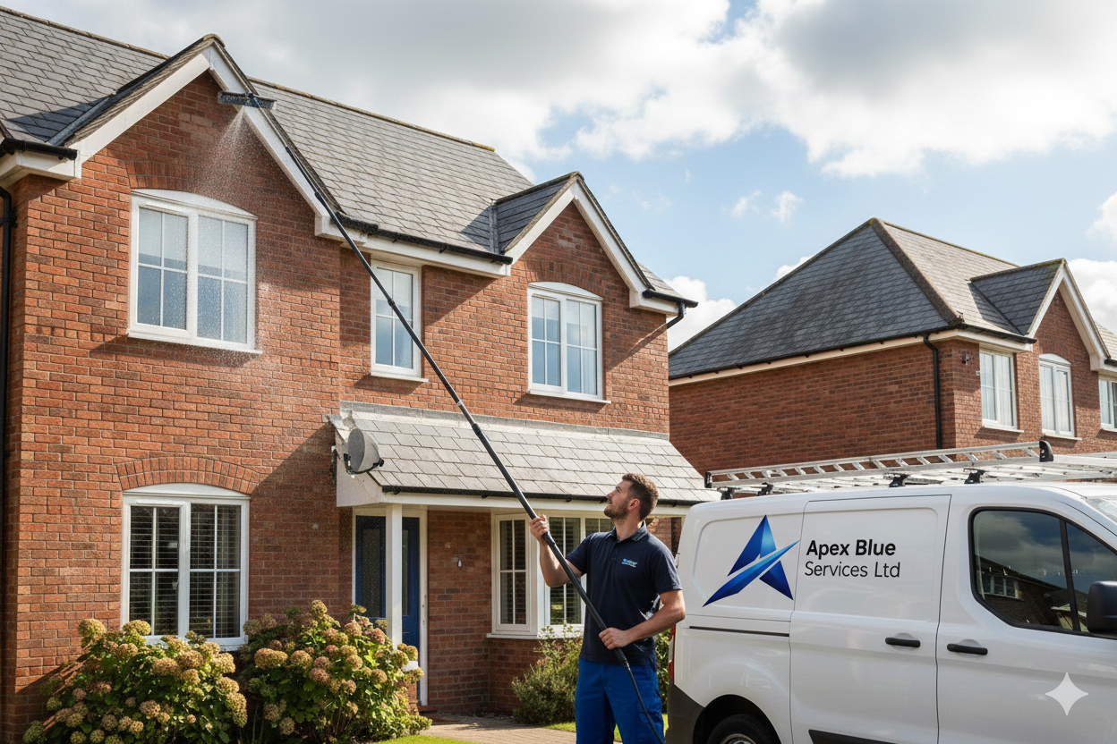 Man washing windows of a brick house with a cleaning pole. White van with logo parked nearby. Sunny day.