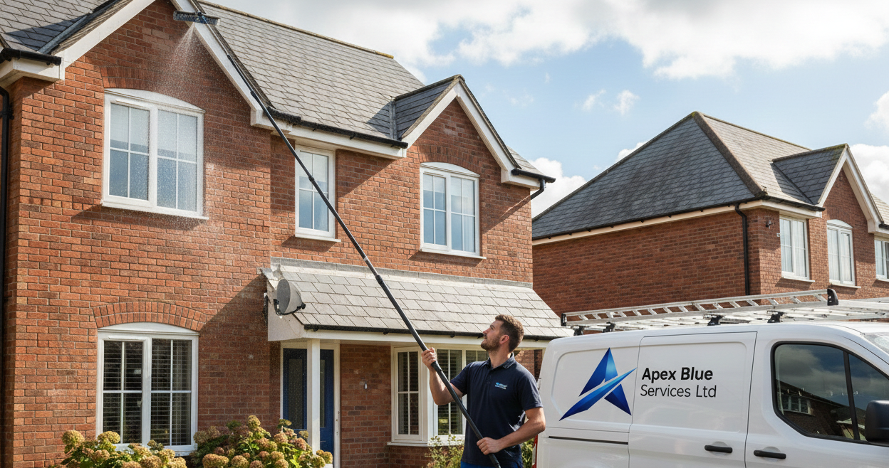 Window cleaner using a water fed pole system to clean a UK, detached house high level windows