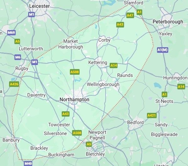 Map of central England, outlined area around towns including Northampton, Bedford, and Leicester.