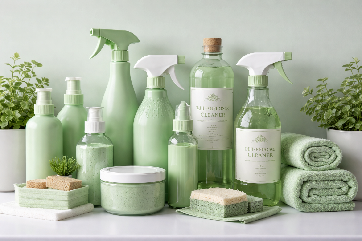 Green cleaning products and a rolled towel arranged on a white surface against a light green background.