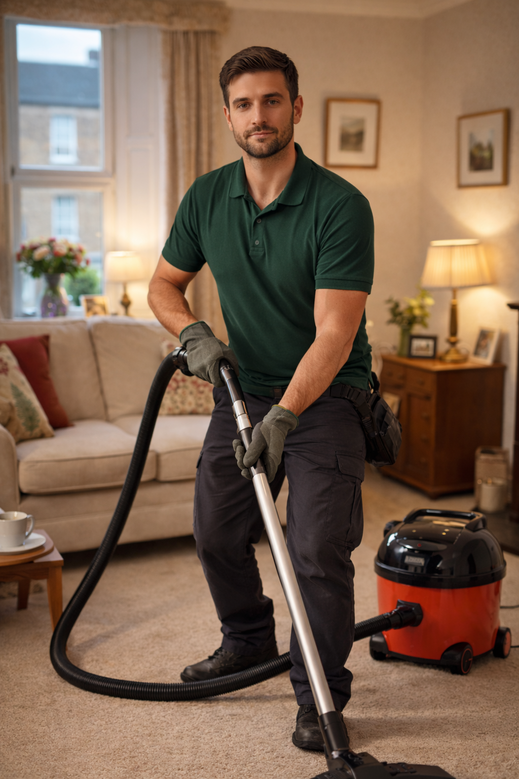 Diligent worker in a cosy living room using a vacuum cleaner.