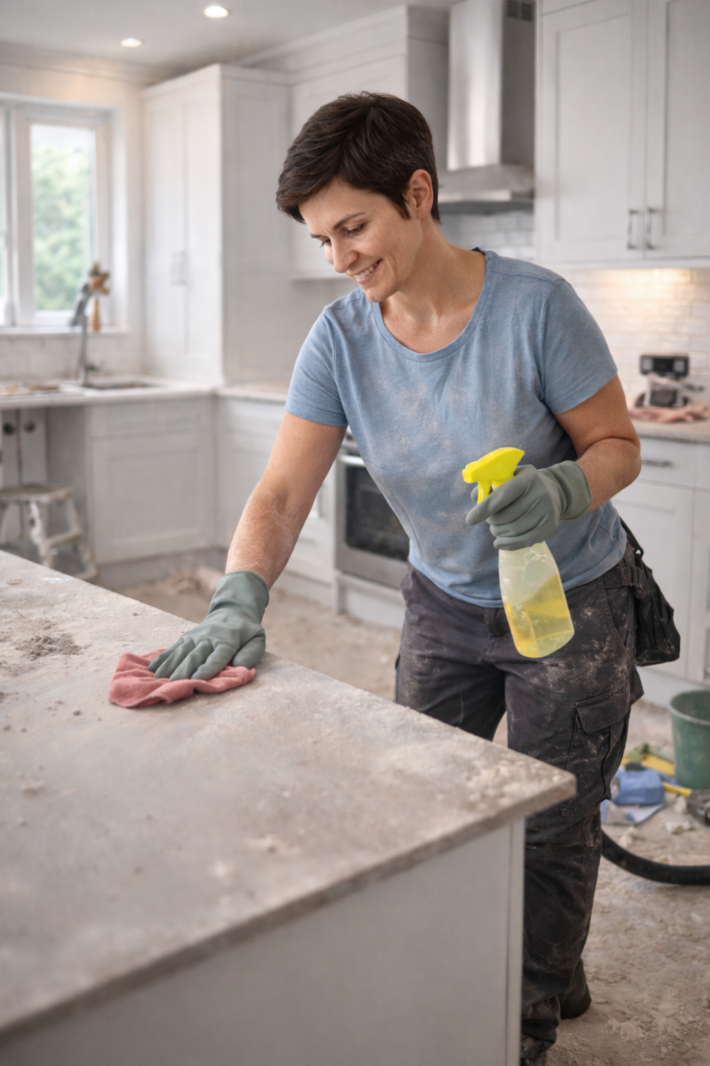 Smiling person in light blue shirt, cleaning the counter top of a post renovation work kitchen