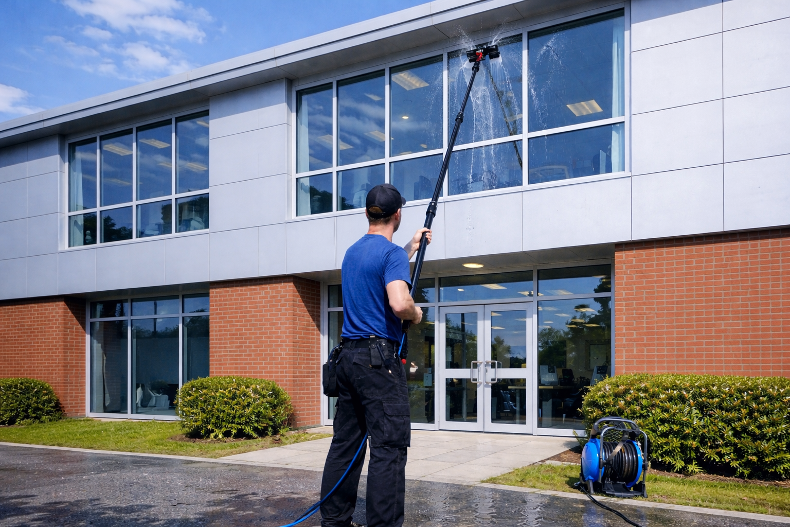Man washes windows of a commercial building with a long pole and water.
