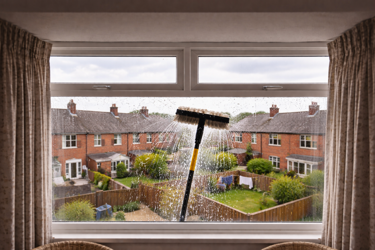 Woman cleaning window with a squeegee inside a house; wearing a white shirt and blue overalls.
