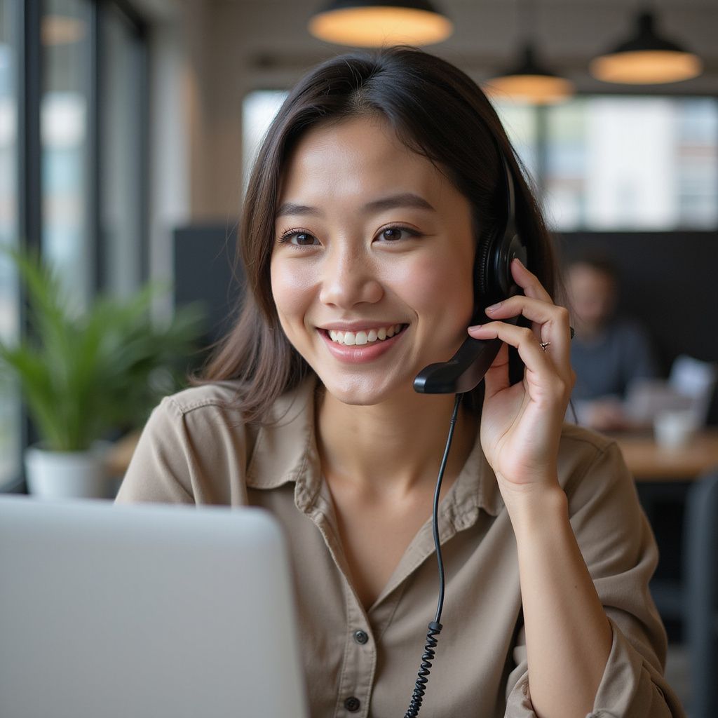 Woman with headset smiles at laptop, in a bright office.