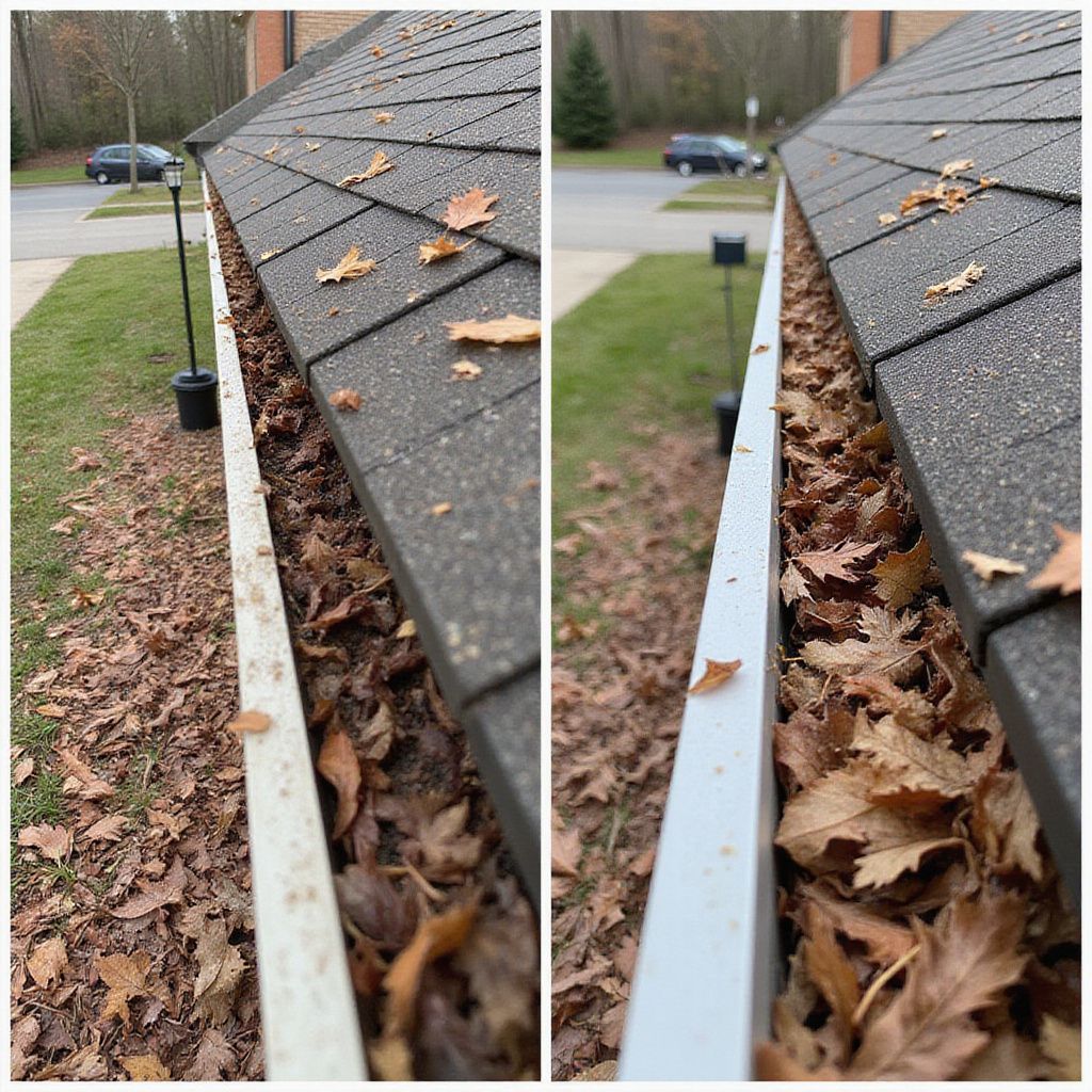 Gutters filled with dry leaves on a rooftop before and after cleaning, showing a clear contrast.