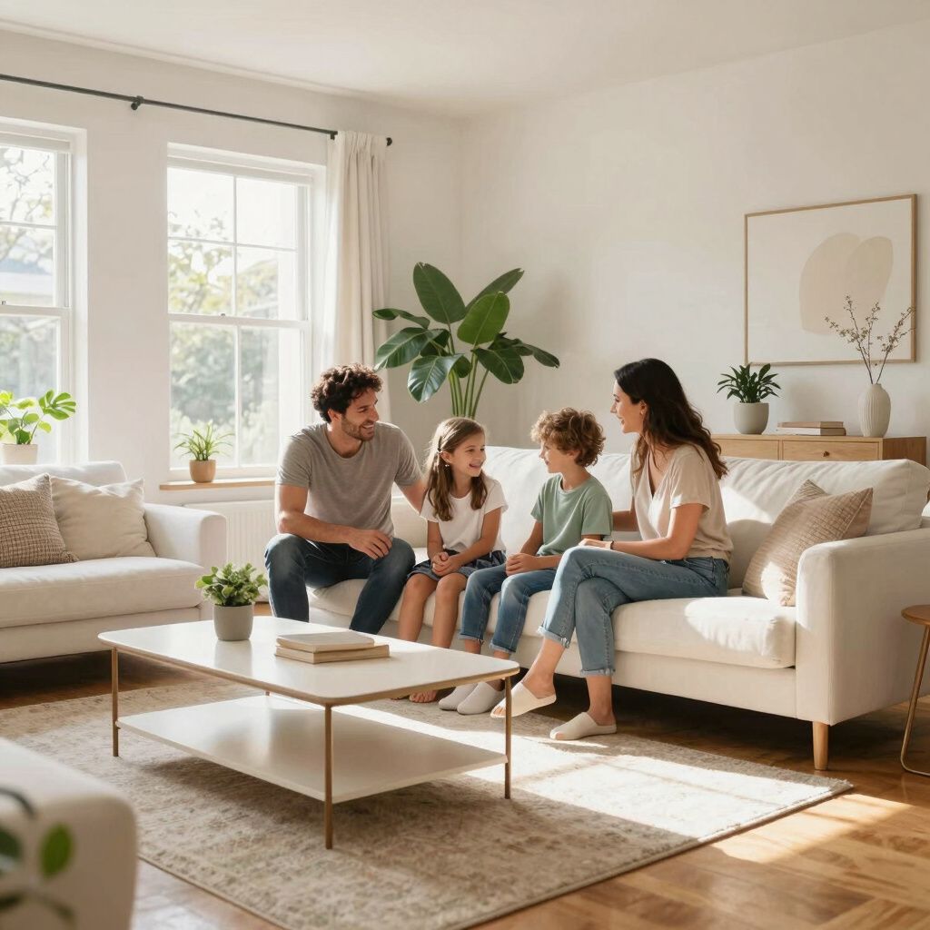 Family seated on a couch in a bright living room, smiling and talking.