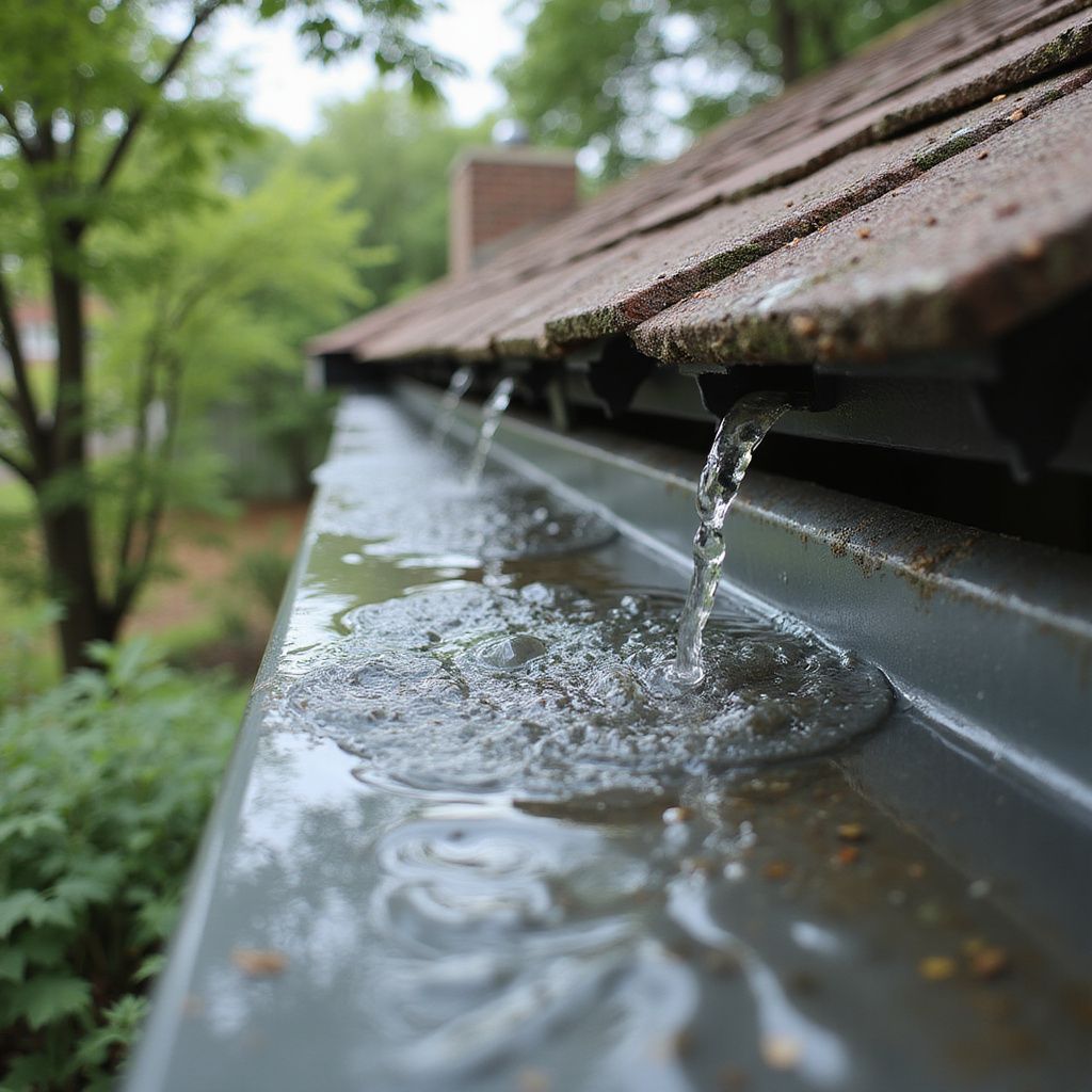 Rainwater pouring from roof's gutter, gray metal against brown shingles, blurred green trees in background.