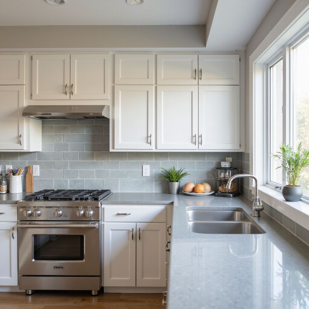 Modern kitchen with white cabinets, stainless steel appliances, and gray countertops.