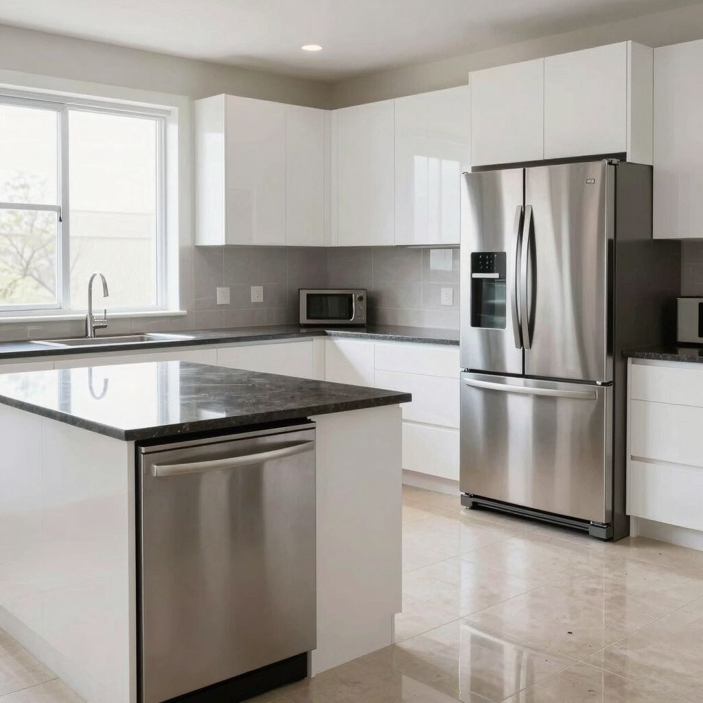 Modern kitchen with white cabinets, stainless steel appliances, and dark countertops.