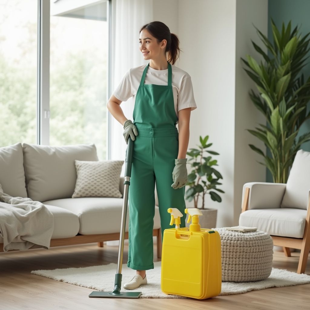 Woman in green overalls stands with a mop, smiling in a clean living room with cleaning supplies.