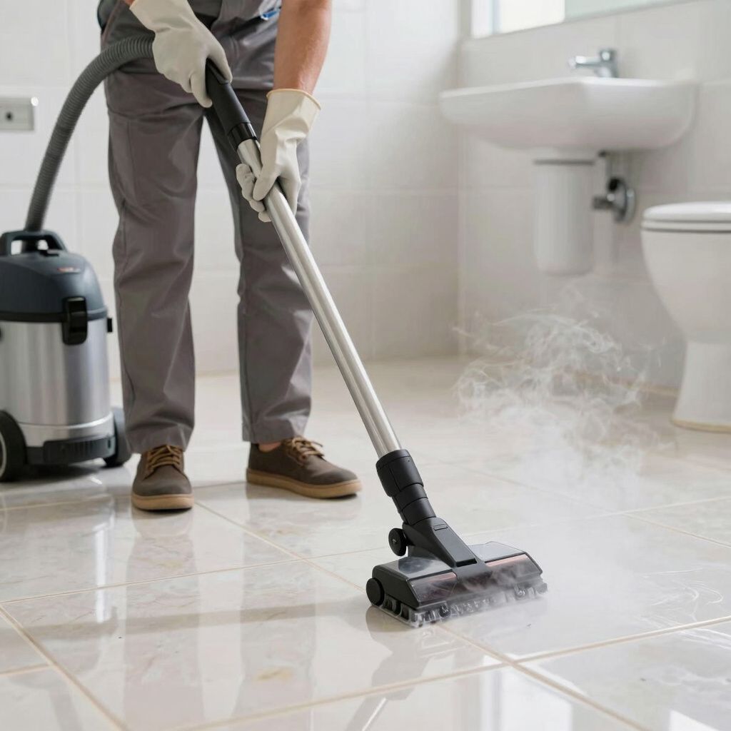 Person in gloves steam-cleaning bathroom floor with a vacuum cleaner.
