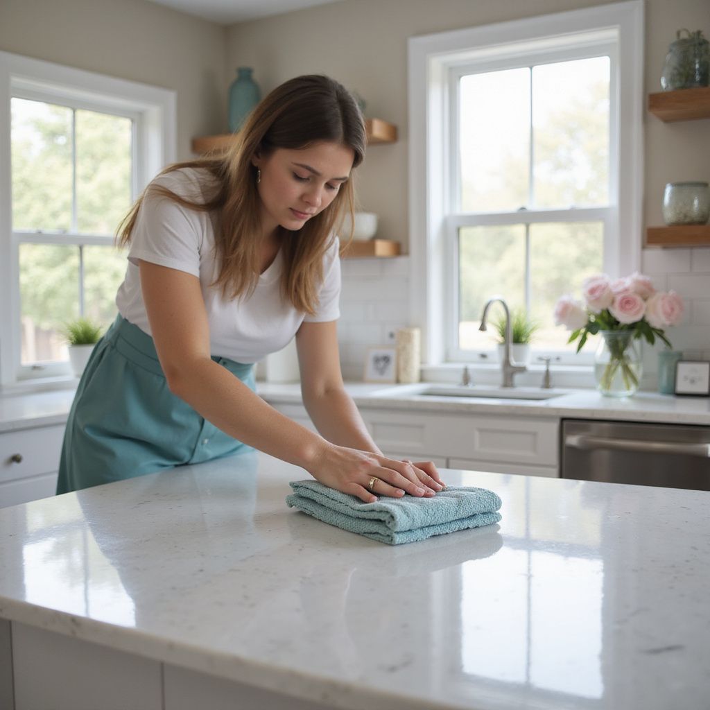 Woman wiping a white countertop in a bright kitchen with light blue towel.